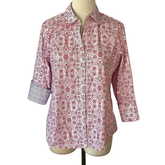 Foxcroft Easy Care Poplin 3/4 Length Flip Cuff Sleeve Blouse Women’s Large Stret - Picture 2 of 9